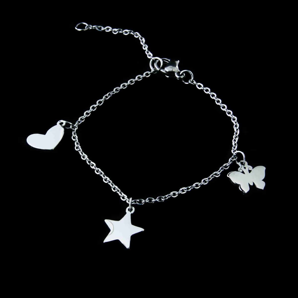 BRACELET STAINLESS STEEL HEART, STAR, BUTTERFLY RHODIUM PLATED