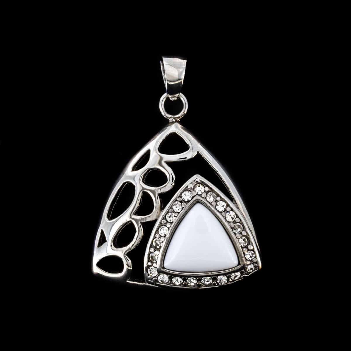 PENDANT SS TRIANGULAR W/CERAMIC & W/CUBIC ZIRCON