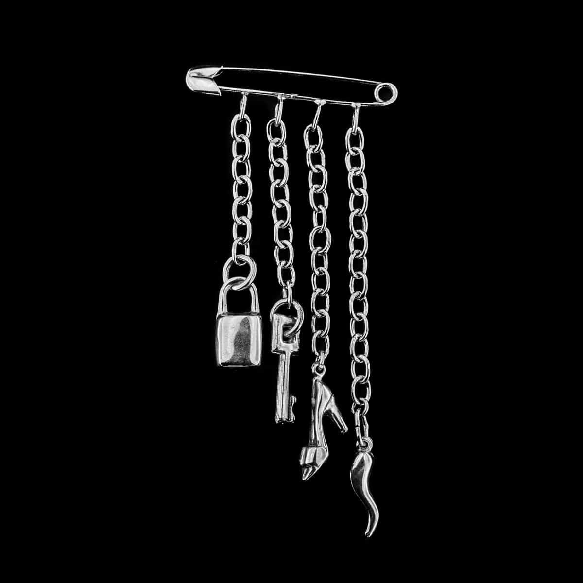 SILVER 925 SAFETY PIN CHAINED BROOCH WITH LOCK,