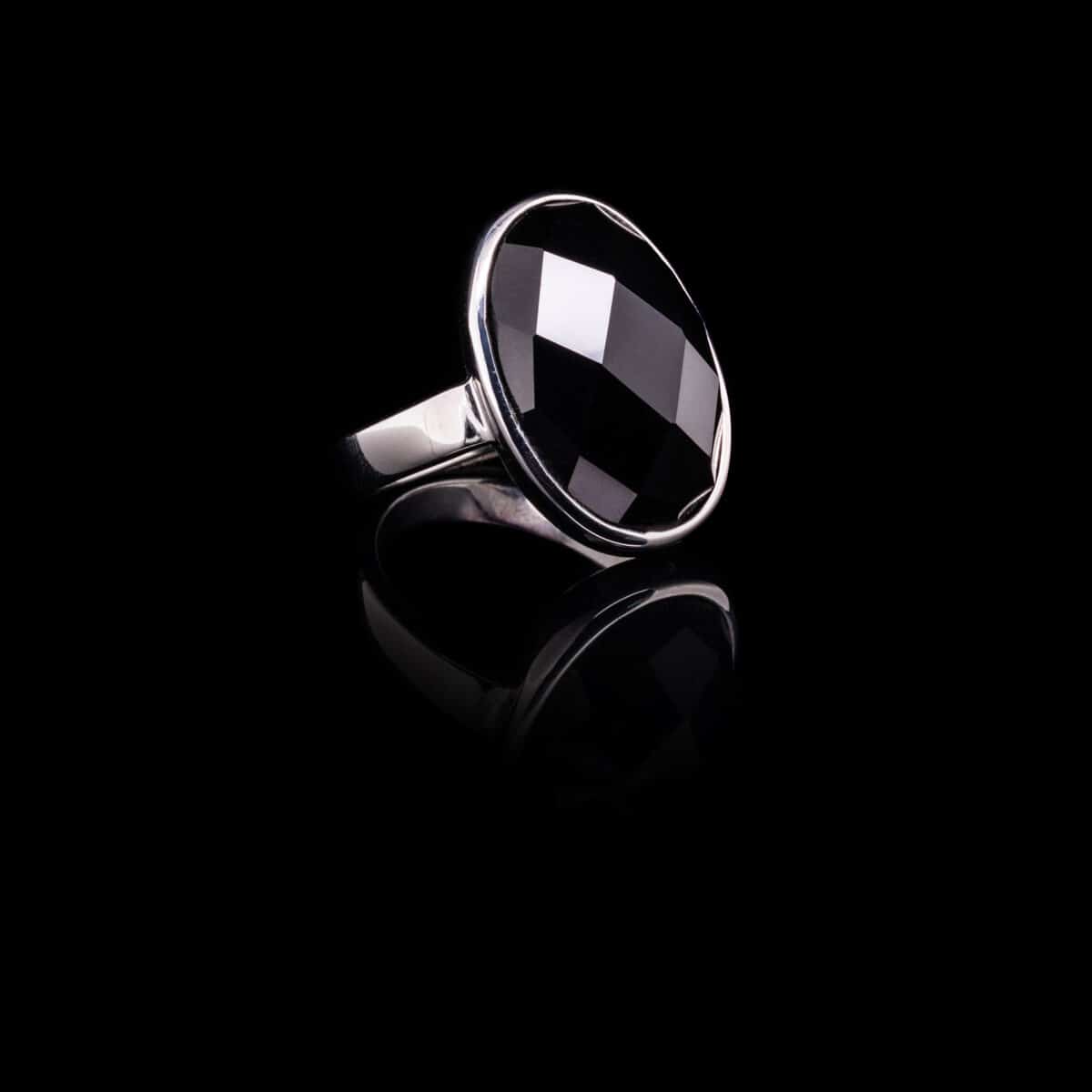 RING SS RHOD PLTD OVAL W/BLACK ONYX MAN