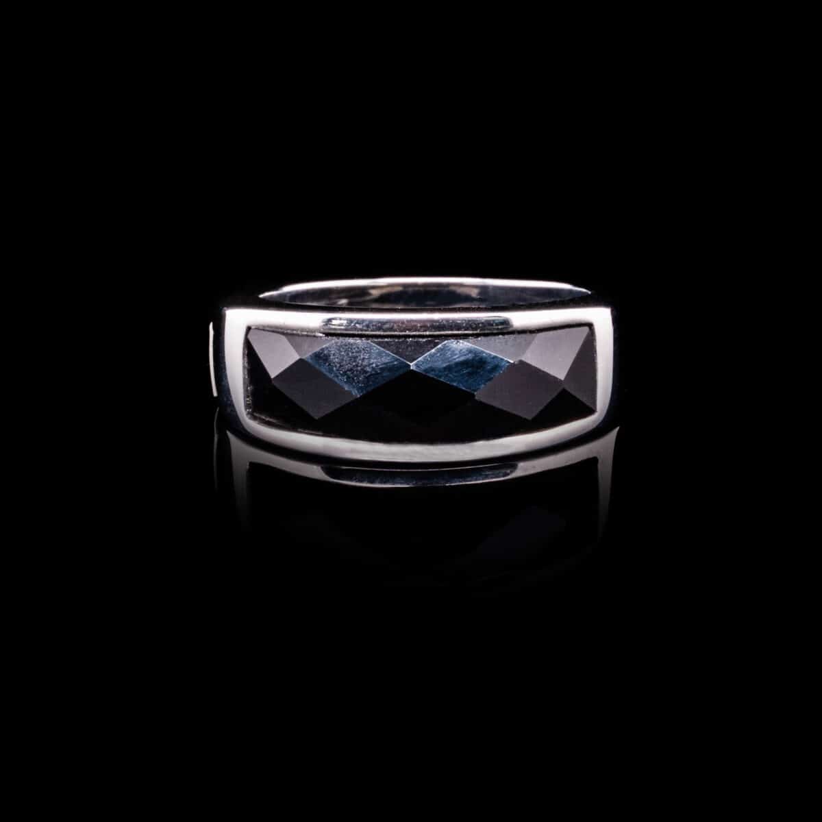 RING SS RHOD PLTD RECTANGULAR W/BLACK ONYX MAN