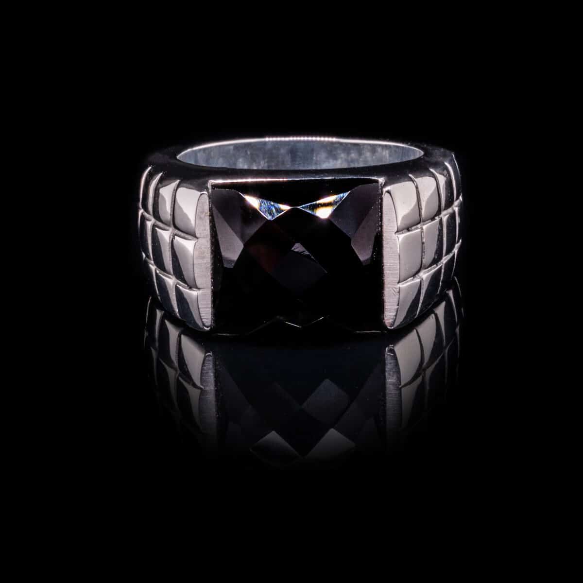 RING SS RHOD PLTD SQUARE W/BLACK ONYX MAN